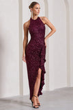 Under The Stars Plum Sequin High-Neck Open-Back Maxi Dress With Drape