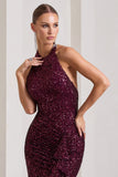 Under The Stars Plum Sequin High-Neck Open-Back Maxi Dress With Drape