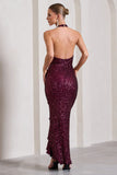 Under The Stars Plum Sequin High-Neck Open-Back Maxi Dress With Drape