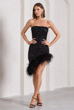 Nicki Black Sequin Bandeau Midi Dress With Asymmetric Feather Trim