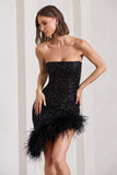 Nicki Black Sequin Bandeau Midi Dress With Asymmetric Feather Trim