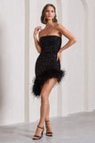 Nicki Black Sequin Bandeau Midi Dress With Asymmetric Feather Trim