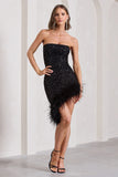 Nicki Black Sequin Bandeau Midi Dress With Asymmetric Feather Trim