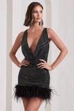 Mirror Me Black Velvet Embellished Cowl-Neck Mini Dress With Feather Trim