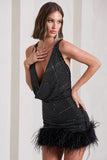 Mirror Me Black Velvet Embellished Cowl-Neck Mini Dress With Feather Trim