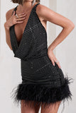 Mirror Me Black Velvet Embellished Cowl-Neck Mini Dress With Feather Trim