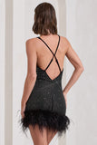 Mirror Me Black Velvet Embellished Cowl-Neck Mini Dress With Feather Trim
