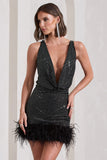 Mirror Me Black Velvet Embellished Cowl-Neck Mini Dress With Feather Trim