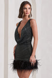 Mirror Me Black Velvet Embellished Cowl-Neck Mini Dress With Feather Trim