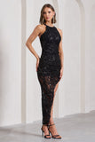 Caught My Eye Black Sequin Asymmetric Strappy Maxi Dress