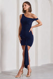 Arielle Navy Asymmetric Mini Dress With Tie Sash