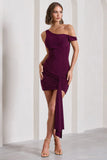 Arielle Plum Asymmetric Mini Dress With Tie Sash