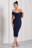 Amanda Navy Twisted Wrap Bardot Midi Dress