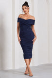 Amanda Navy Twisted Wrap Bardot Midi Dress