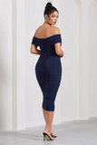 Amanda Navy Twisted Wrap Bardot Midi Dress