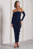 Montana Navy Bardot Ruffle Maxi Dress