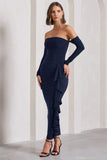 Montana Navy Bardot Ruffle Maxi Dress
