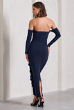 Montana Navy Bardot Ruffle Maxi Dress