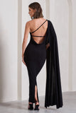 Kamila Black One Shoulder Cape Sleeve Open-Back Maxi Dress