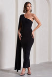 Kamila Black One Shoulder Cape Sleeve Open-Back Maxi Dress