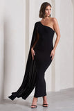 Kamila Black One Shoulder Cape Sleeve Open-Back Maxi Dress