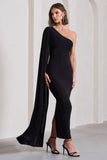 Kamila Black One Shoulder Cape Sleeve Open-Back Maxi Dress