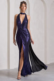 Lost Purple Metallic Halter-Neck Cut-Out Split Maxi Dress With Drape