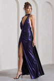 Lost Purple Metallic Halter-Neck Cut-Out Split Maxi Dress With Drape
