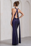 Lost Purple Metallic Halter-Neck Cut-Out Split Maxi Dress With Drape