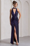 Lost Purple Metallic Halter-Neck Cut-Out Split Maxi Dress With Drape