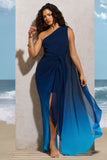 Faded Blue Ombre One Shoulder Wrap Maxi Dress With Drape