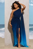 Faded Blue Ombre One Shoulder Wrap Maxi Dress With Drape