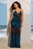 Clio Blue Print Halter-Neck Chiffon Maxi Dress
