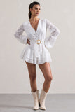 Places To Be White Broderie Belted Ruffled Playsuit