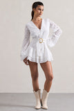 Places To Be White Broderie Belted Ruffled Playsuit