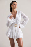 Places To Be White Broderie Belted Ruffled Playsuit
