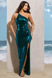Collide Topaz Blue Metallic One Shoulder Maxi Dress With Open-Back