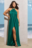 Seraphina Bottle Green Satin Halter-Neck Split Maxi Dress