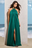 Seraphina Bottle Green Satin Halter-Neck Split Maxi Dress