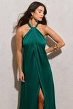 Seraphina Bottle Green Satin Halter-Neck Split Maxi Dress