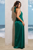 Seraphina Bottle Green Satin Halter-Neck Split Maxi Dress