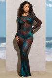 Cruz Blue Print Mesh Long-Sleeve Maxi Dress