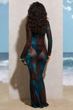 Cruz Blue Print Mesh Long-Sleeve Maxi Dress