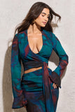 Bayside Blue Print Chiffon Flared-Sleeve Wrap Top