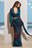 Out Of Bounds Blue Print Chiffon Split Maxi Skirt