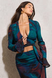 Bayside Blue Print Chiffon Flared-Sleeve Wrap Top