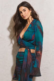 Bayside Blue Print Chiffon Flared-Sleeve Wrap Top