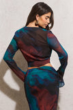 Bayside Blue Print Chiffon Flared-Sleeve Wrap Top