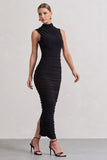 Jaded Black Bodycon Ruched High-Neck Open-Back Maxi Dress