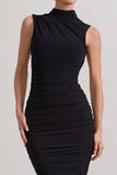 Jaded Black Bodycon Ruched High-Neck Open-Back Maxi Dress